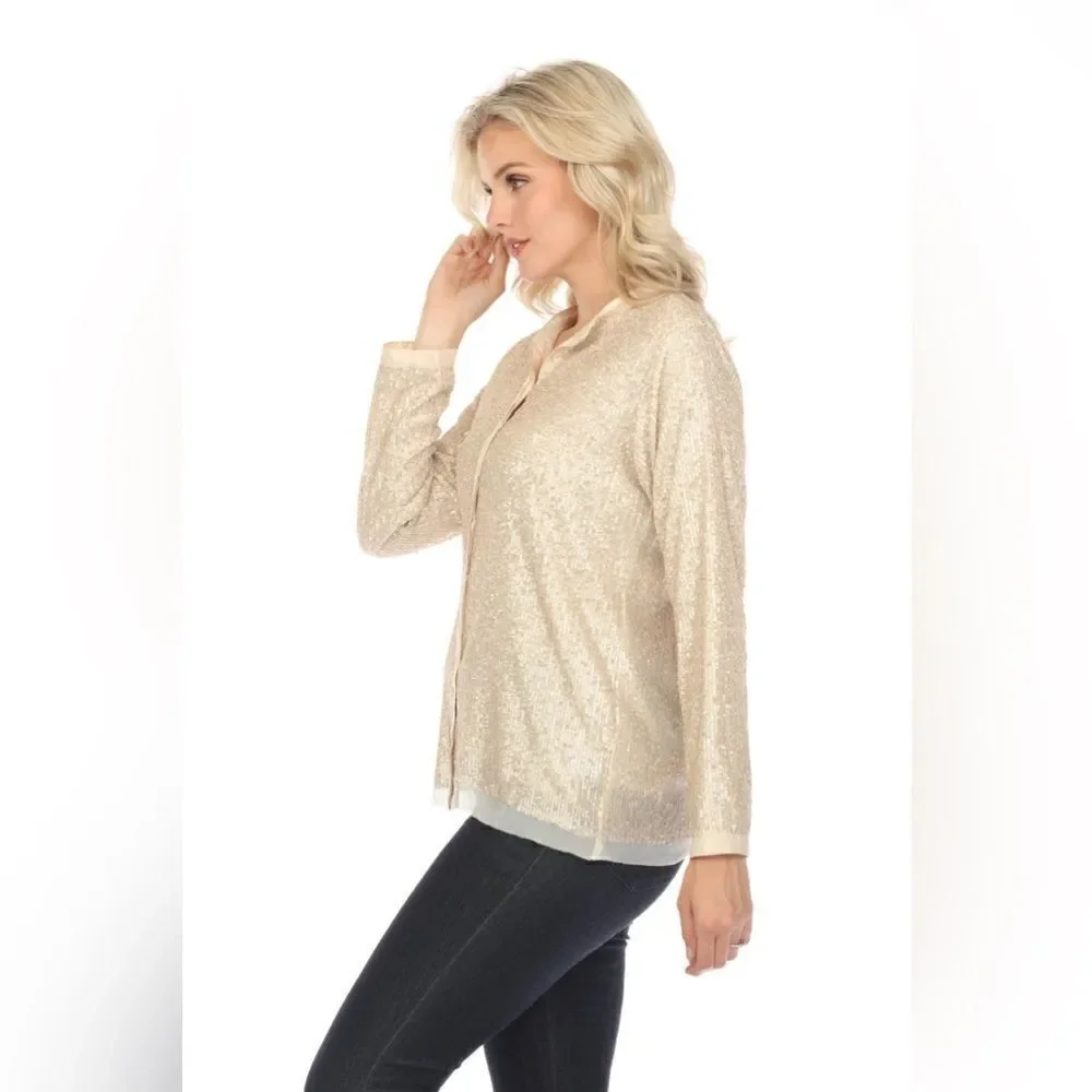 Johnny Was Grace Cream Shirt Blouse Sequin Button Down Long Sleeve Size S